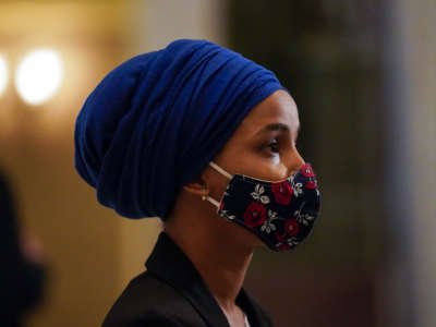 Rep. Ilhan Omar speaks to reporters in Statuary Hall on Capitol Hill on January 12, 2021 in Washington, D.C.. )