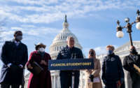 Senate Majority Leader Chuck Schumer speaks during a press conference about student debt outside the U.S. Capitol on February 4, 2021, in Washington, D.C.