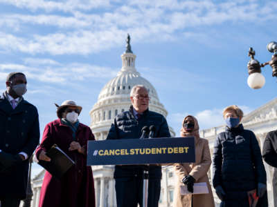 Senate Majority Leader Chuck Schumer speaks during a press conference about student debt outside the U.S. Capitol on February 4, 2021, in Washington, D.C.
