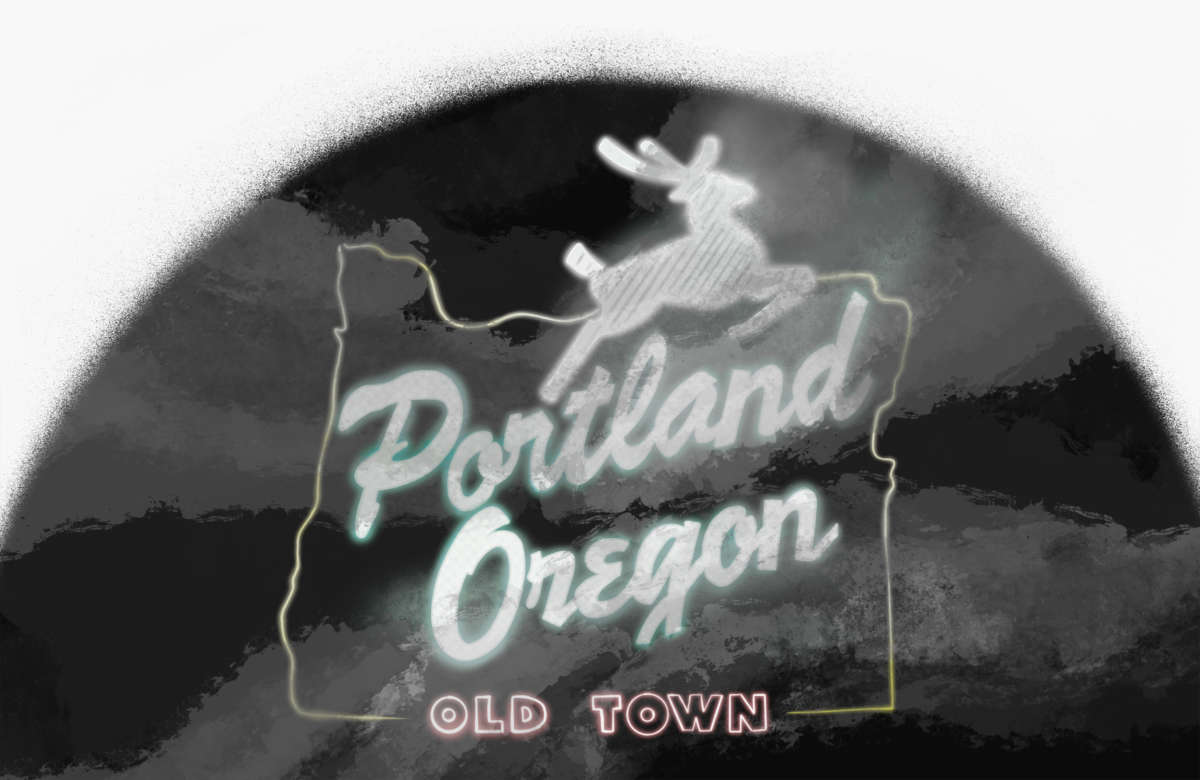 An illustration of the "Portland Oregon" sign obscured by smoke