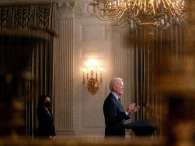 President Biden delivers remarks with Vice President Kamala Harris in the State Dining Room at the White House on February 5, 2021, in Washington, D.C.