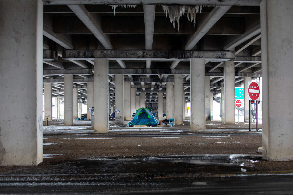 A homeless camp under a bridge on I-35 in Austin, Texas, on February 17, 2021.