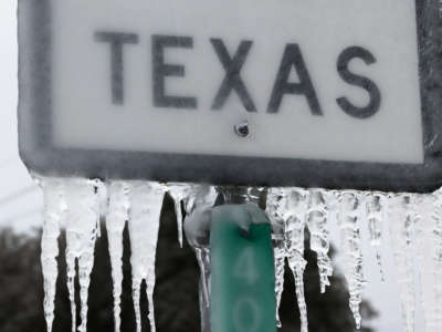 Icicles hang off the State Highway 195 sign on February 18, 2021, in Killeen, Texas.