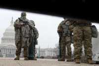 National Guard troops stand outside the U.S. Capitol on February 13, 2021, in Washington, D.C.