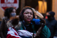 Tania Aubid, a longstanding activist and member of the Mille Lacs Band of Ojibwe, speaks to protesters about the environmental and human risks of allowing Enbridge Line 3 pipeline to be built across Northern Minnesota, in St. Paul, Minnesota, on January 29, 2021.