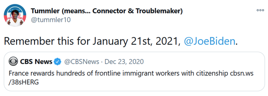 Tweet advocating citizenship for essential workers