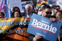 Joined by members of Make the Road Action and his supporters, Sen. Bernie Sanders participates in a “March to the Polls” on February 15, 2020, in Las Vegas, Nevada.