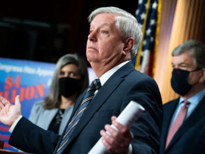 Sen. Lindsey Graham conducts a news conference as the Senate debates the coronavirus relief package on March 5, 2021.