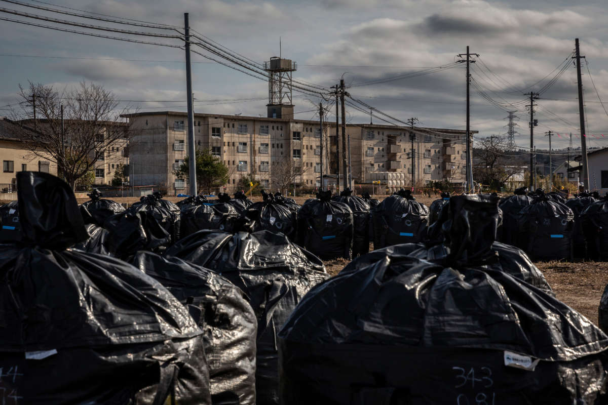Bags of radiation contaminated soil are gathered on March 7, 2021, in Futaba, Japan.