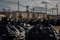 Bags of radiation contaminated soil are gathered on March 7, 2021, in Futaba, Japan.