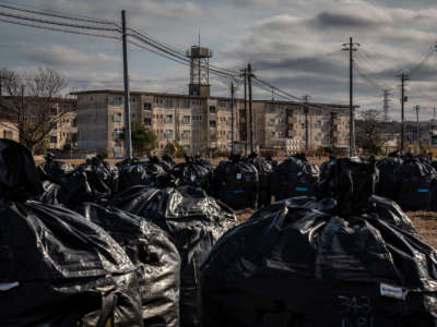 Bags of radiation contaminated soil are gathered on March 7, 2021, in Futaba, Japan.