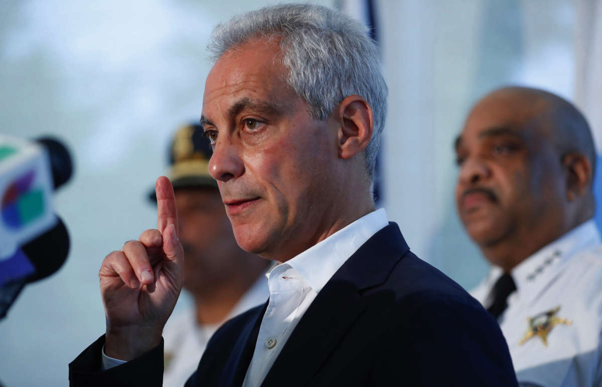 Rahm Emanuel speaks to the media on August 6, 2018, in Chicago, Illinois.