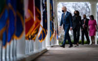 President Joe Biden walks out with Vice President Kamala Harris, Senate Majority Leader Chuck Schumer and House Speaker Nancy Pelosi to deliver remarks on the American Rescue Plan in the Rose Garden at the White House on March 12, 2021, in Washington, D.C.