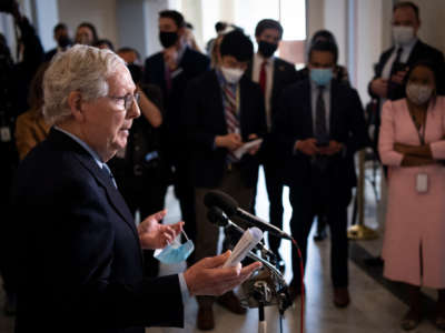 Senate Minority Leader Mitch McConnell speaks during a news conference following the Senate Republican Policy luncheon in Washington. D.C., on March 23, 2021.