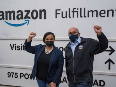 Rep. Nikema Williams and Retail, Wholesale, and Department Store Union (RWDSU) President Stuart Appelbaum visit the Amazon BHM1 facility on March 5, 2021, in Birmingham, Alabama.