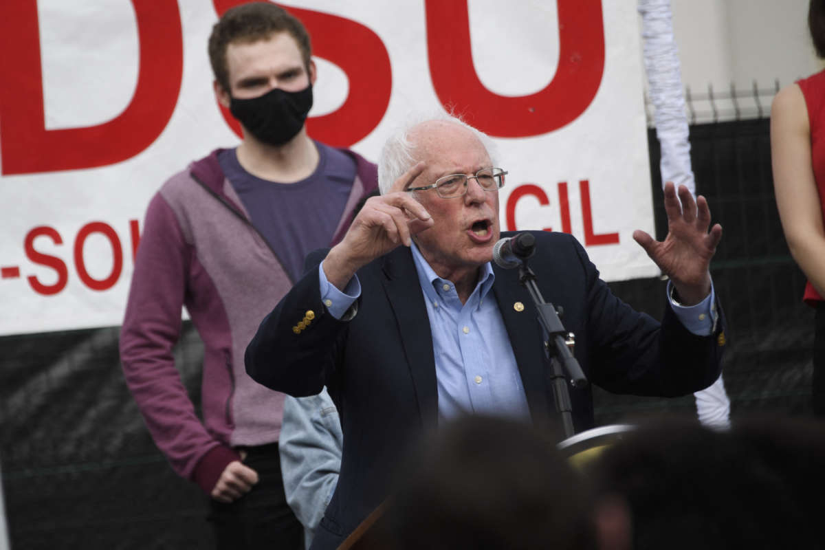 Sen. Bernie Sanders speaks in support of the unionization of Amazon.com, Inc. fulfillment center workers outside the Retail, Wholesale and Department Store Union in Birmingham, Alabama, on March 26, 2021.