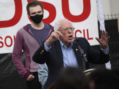 Sen. Bernie Sanders speaks in support of the unionization of Amazon.com, Inc. fulfillment center workers outside the Retail, Wholesale and Department Store Union in Birmingham, Alabama, on March 26, 2021.