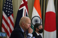 President Joe Biden and U.S. Secretary of State Anthony Blinken participate in a virtual meeting with leaders of Quadrilateral Security Dialogue countries March 12, 2021, at the State Dining Room of the White House in Washington, DC. President Biden and Vice President Harris met with Prime Minister Narendra Modi of India, Prime Minister Scott Morrison of Australia, and Prime Minister Yoshihide Suga of Japan to discuss regional issues.