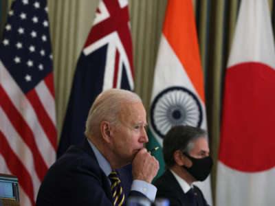 President Joe Biden and U.S. Secretary of State Anthony Blinken participate in a virtual meeting with leaders of Quadrilateral Security Dialogue countries March 12, 2021, at the State Dining Room of the White House in Washington, DC. President Biden and Vice President Harris met with Prime Minister Narendra Modi of India, Prime Minister Scott Morrison of Australia, and Prime Minister Yoshihide Suga of Japan to discuss regional issues.