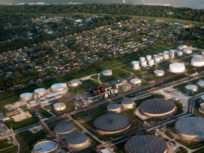Chemical plants and factories line the roads and suburbs of the area known as "Cancer Alley," as seen from above on October 15, 2013.
