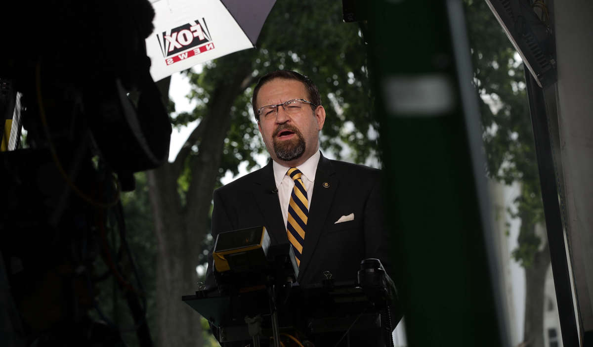 Sebastian Gorka speaks as he is interviewed by Fox News remotely from the White House on June 22, 2017, in Washington, D.C.