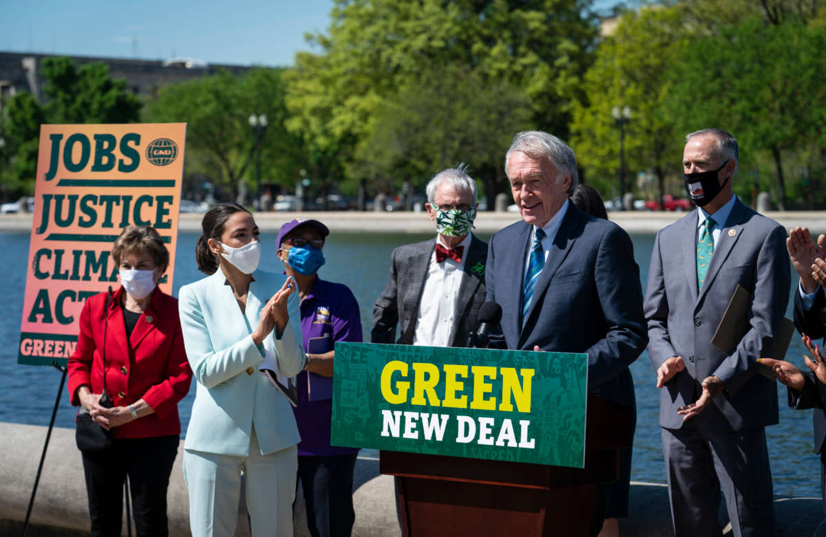 Sen. Ed Markey speaks during a news conference held to re-introduce the Green New Deal at the West Front of the U.S. Capitol on April 20, 2021, in Washington, D.C.