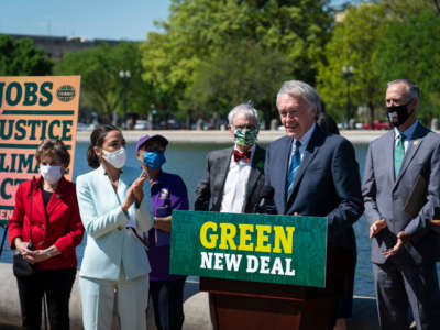 Sen. Ed Markey speaks during a news conference held to re-introduce the Green New Deal at the West Front of the U.S. Capitol on April 20, 2021, in Washington, D.C.