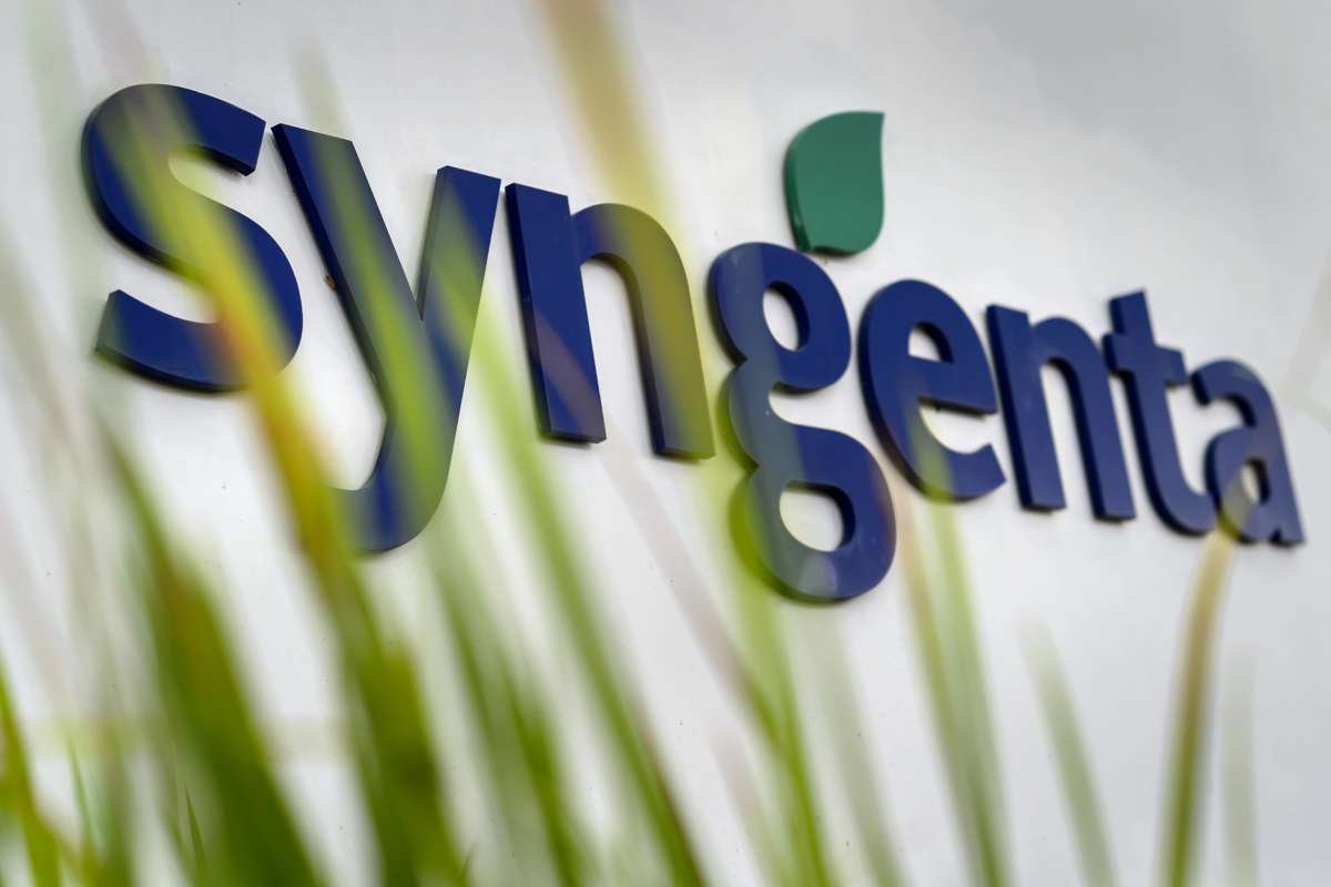 A sign of Swiss farm chemicals powerhouse Syngenta is seen at the company's headquarters on July 23, 2015, in Basel.