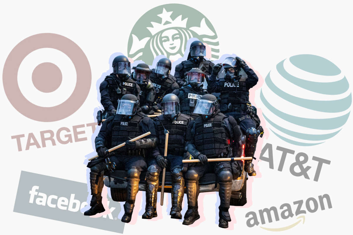 Minneapolis police officers in riot gear overlaid with logos from Target, Starbucks, AT&T, Facebook and Amazon