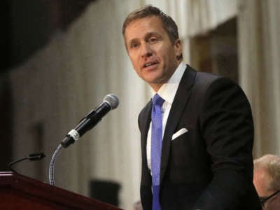 Former Gov. Eric Greitens delivers the keynote address at the St. Louis Area Police Chiefs Association 27th Annual Police Officer Memorial Prayer Breakfast on April 25, 2018, at the St. Charles Convention Center.