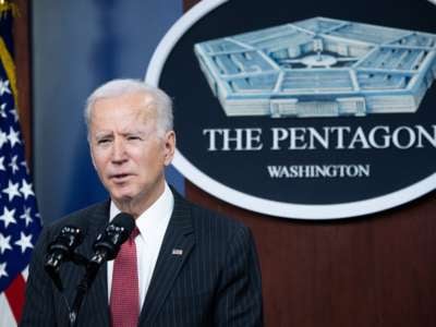President Joe Biden speaks during a visit to the Pentagon in Washington, D.C., February 10, 2021.