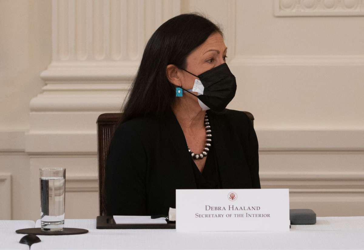 Interior Secretary Deb Haaland listens as President Joe Biden holds his first cabinet meeting in the East Room of the White House in Washington, D.C., on April 1, 2021.