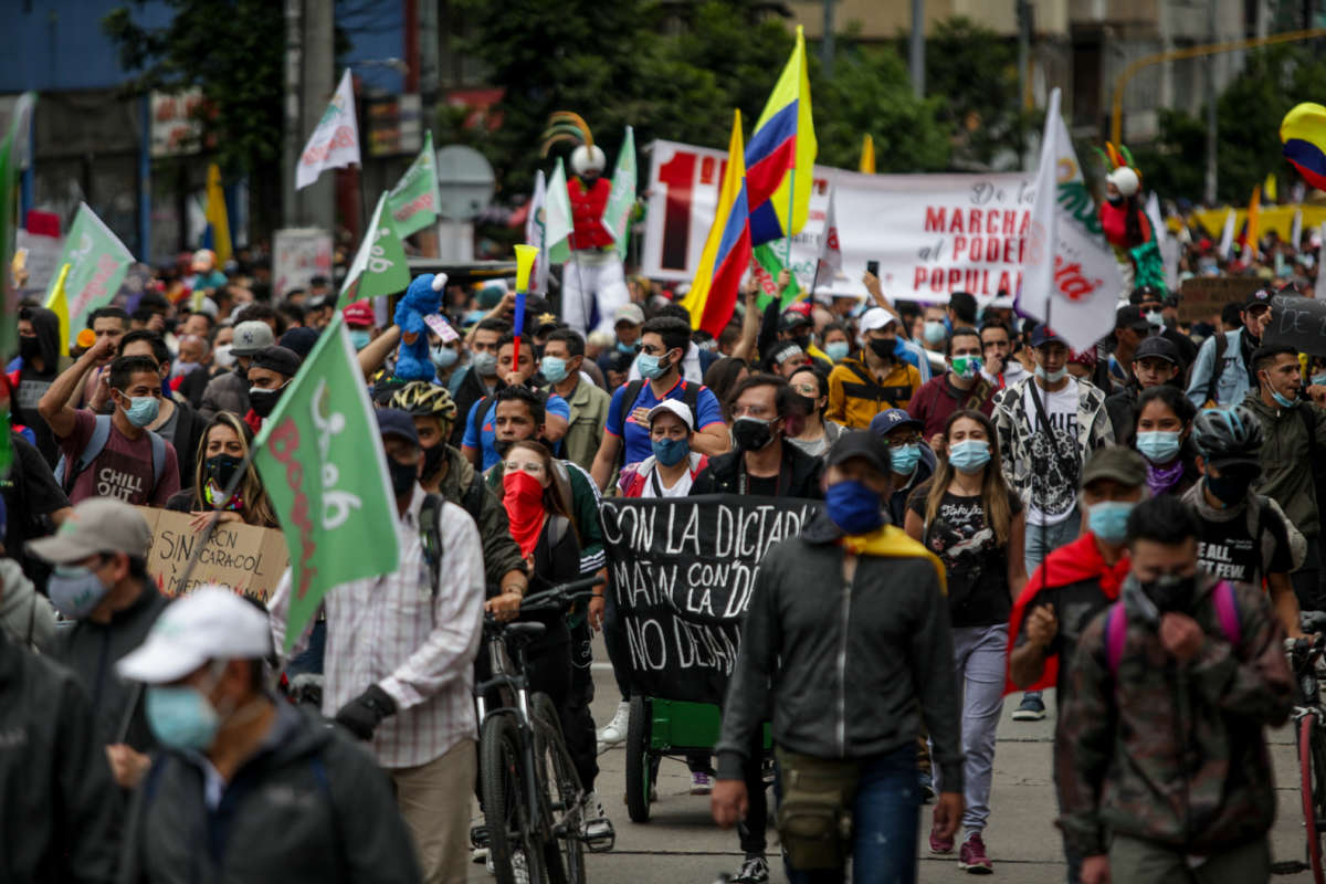 Protesters are seen during the national strike against the tax reform as they gather on the International Workers' Day on May 1, 2021, Bogota, Colombia.