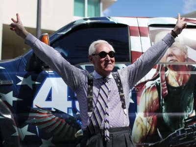 Roger Stone arrives for the Conservative Political Action Conference held in the Hyatt Regency on February 27, 2021, in Orlando, Florida.