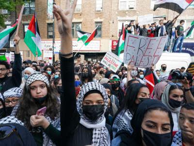 People gather for a demonstration to mark Nakba Day on May 15, 2021, in New York City.