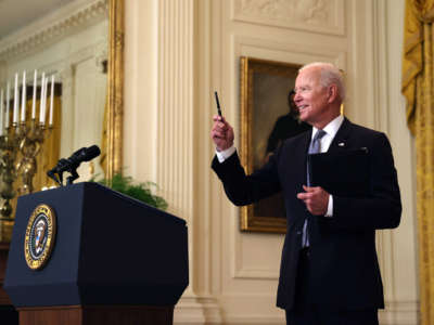 President Joe Biden answers a question in the East Room of the White House on May 17, 2021, in Washington, D.C.