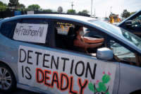 Protesters drive in a caravan around Immigration and Customs Enforcement El Paso Processing Center to demand the release of ICE detainees on April 16, 2020, in El Paso, Texas.