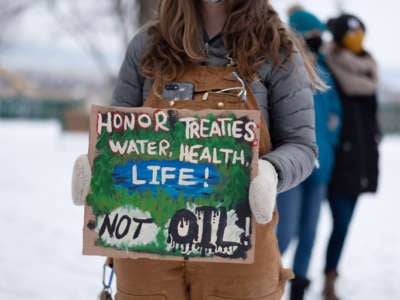 A protester holds a sign reading "HONOR TREATIES, WATER, HEALTH, LIFE! NOT OIL" during a demonstration