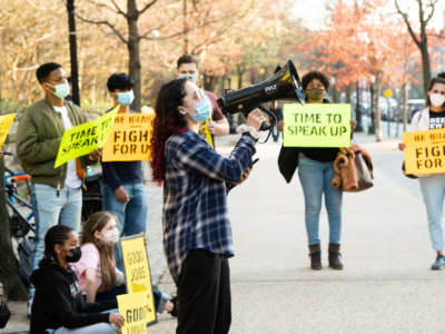 Paola Sanchez speaks during a rally with The Sunrise Movement to take action for an economic recovery and infrastructure package prioritizing climate, care, jobs, and justice, calling on Congress to pass the THRIVE Act on April 7, 2021, in New York City.