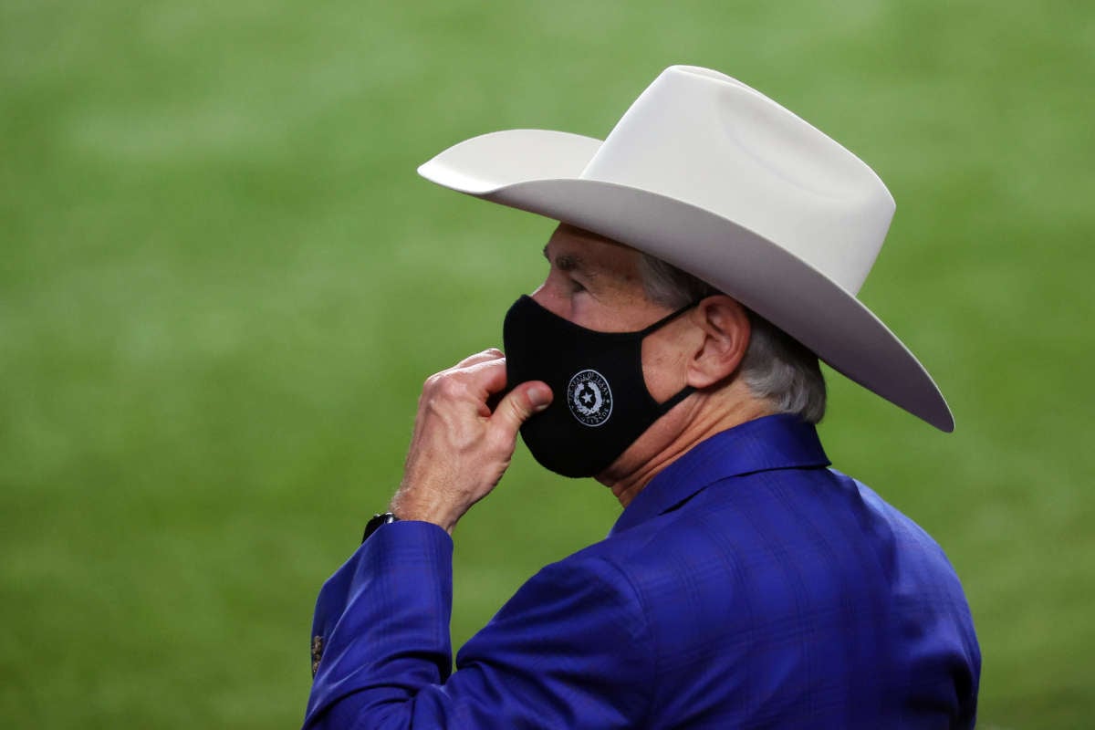 Governor of Texas Greg Abbott looks on prior to Game One of the 2020 MLB World Series at Globe Life Field between the Los Angeles Dodgers and the Tampa Bay Rays on October 20, 2020, in Arlington, Texas.