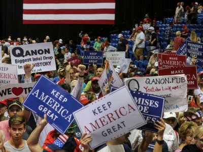 Trump supporters rally in Tampa, Florida, at a Make America Great Again rally on July 31, 2018. Trump has recently been telling people he will be reinstated as president in August 2021.