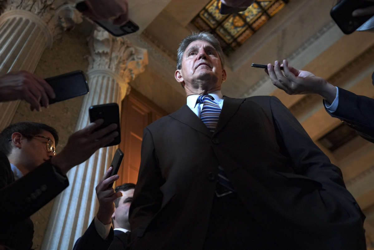 Sen. Joe Manchin (D-West Virginia) speaks with journalists after the GOP blocked the January 6 commission through a procedural measure at the U.S. Capitol on May 28, 2021.