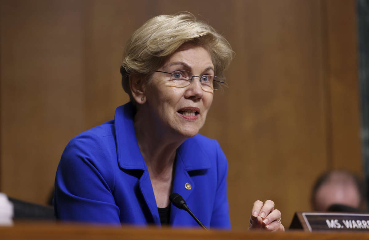 Senator Elizabeth Warren (D-Massachusetts) speaks during a Senate Finance Committee hearing June 8, 2021 on Capitol Hill in Washington, D.C.