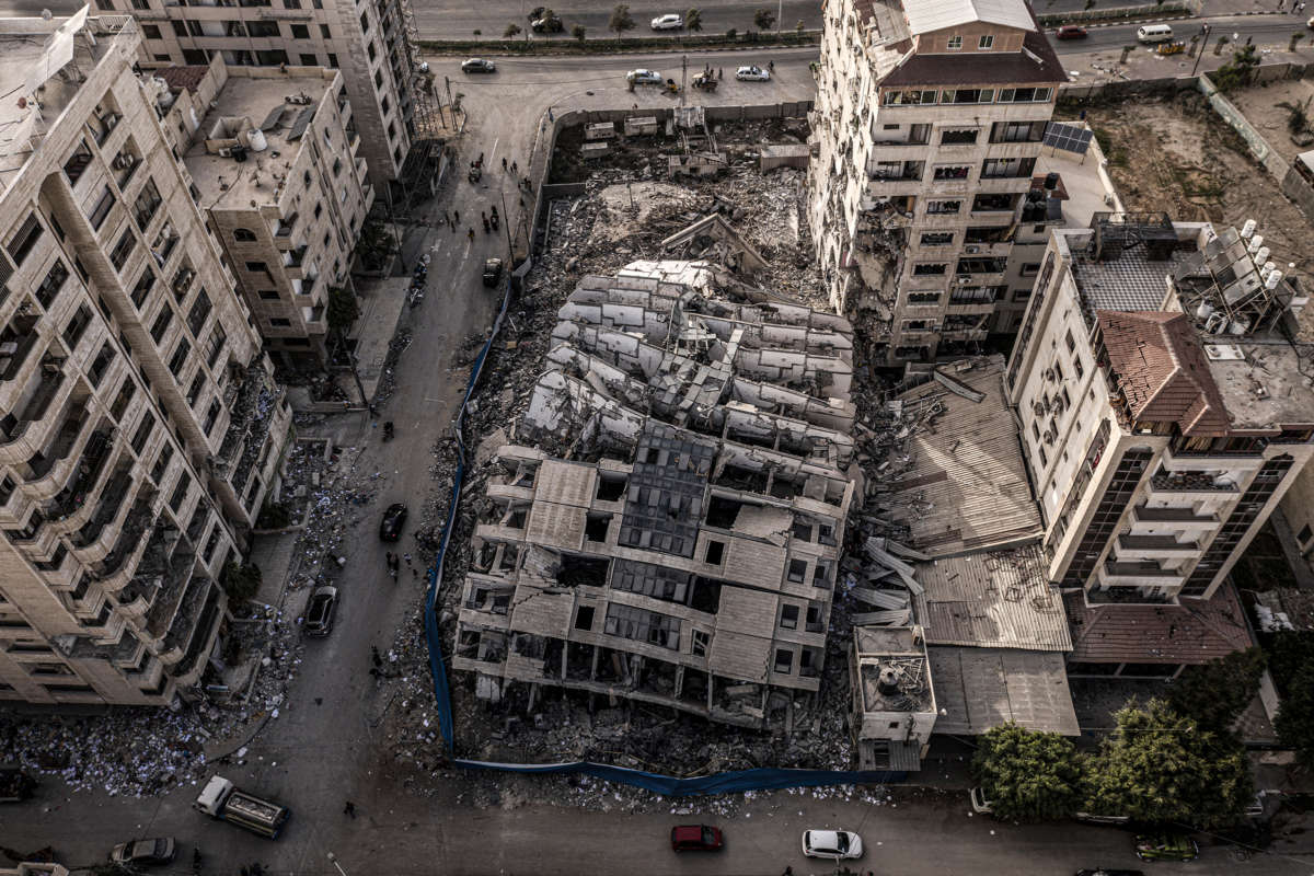 An aerial view of a collapsed building