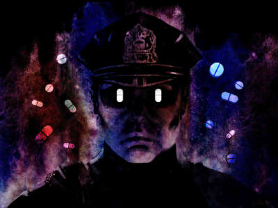 Illustration of police officer with pills for eyes, pills swirling about