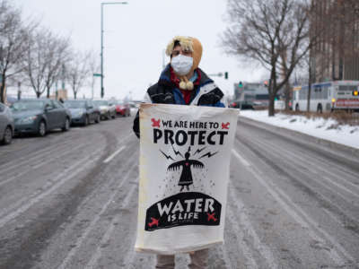 A person displays a sign reading "WE ARE HERE TO PROTECT; WATER IS LIFE"