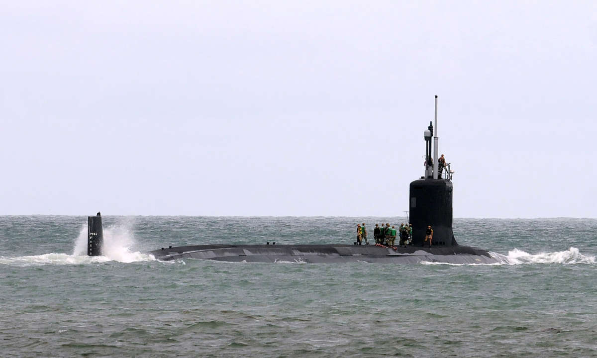 The USS Indiana, a nuclear powered United States Navy Virginia-class fast attack submarine, departs Port Canaveral in Florida on October 1, 2018.