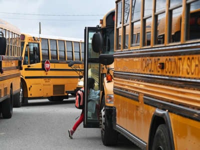 Students head home now, after another day of learning at Greensboro Elementary School in Greensboro, Maryland, on September 17, 2020.