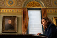 Vice President Kamala Harris meeting in-person with Guatemalan justice sector leaders in the Vice Presidents Ceremonial Office in the Eisenhower Executive Office Building on the White House campus on May 19, 2021.