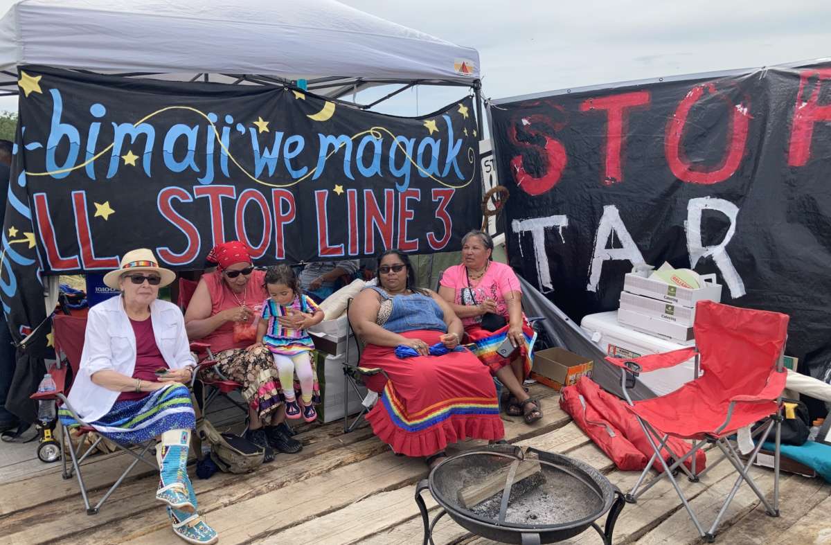 Indigenous women at a new treaty encampment at an Enbridge Line 3 pipeline easement site at the headwaters of the Mississippi River in Clearwater County, Minnesota, on June 8, 2021.